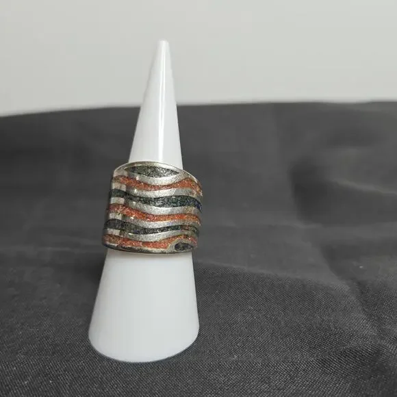 Saritasco 925 Sterling Silver Coral Turquoise Mosaic Inlay Vintage Mexico Ring 6 - Picture 2 of 9